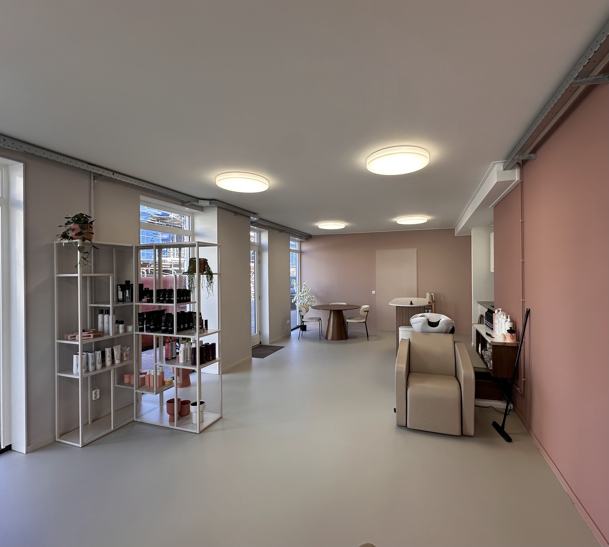 De wasstoel, een kast vol haarproducten en de roze wand achter in de salon